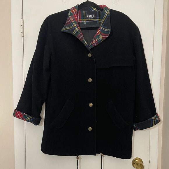 Vintage Karen Large Black Plaid Contrast‎ Wool Coat Made in USA Shoulder Pads - Picture 1 of 16